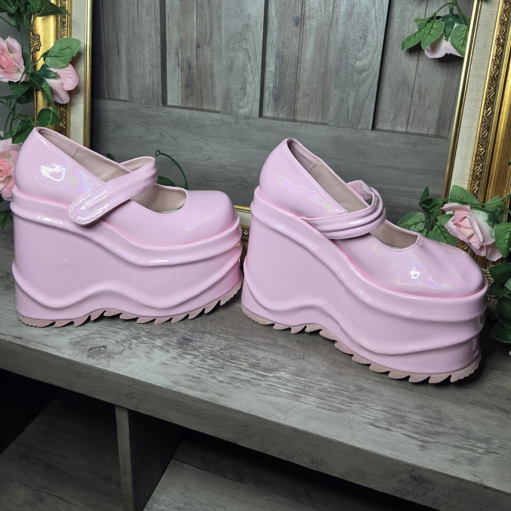 Demonia Wave-32 Pink Hologram Platform Mary Jane Shoes Pastel Goth Kawaii US 7